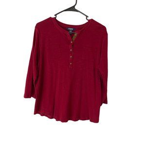 Chaps Pullover Top 1X Red Three Quarter Sleeve Round Neck Quarter Button Front